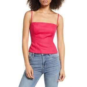 Reformation Overland Linen Cami Top 6 Corvette Hot Pink Square Neck Smocked Back